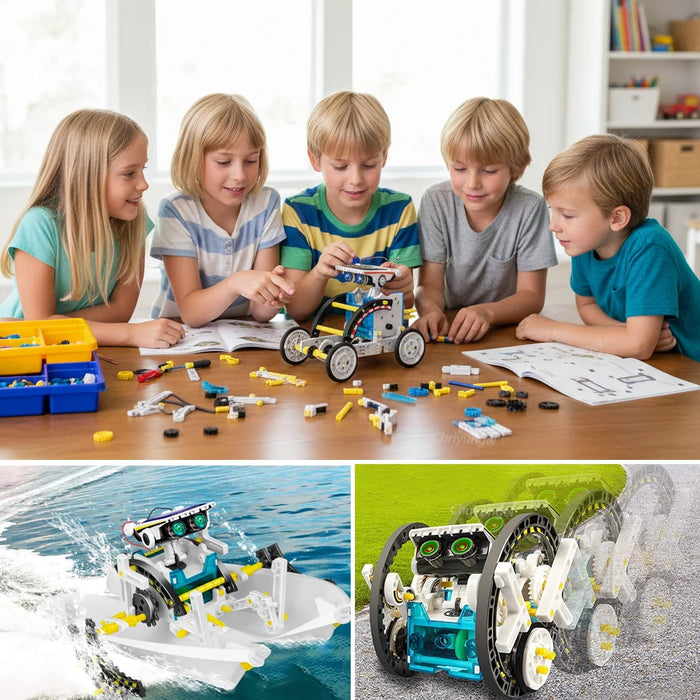 Children building solar robots at a table, with boat and car models