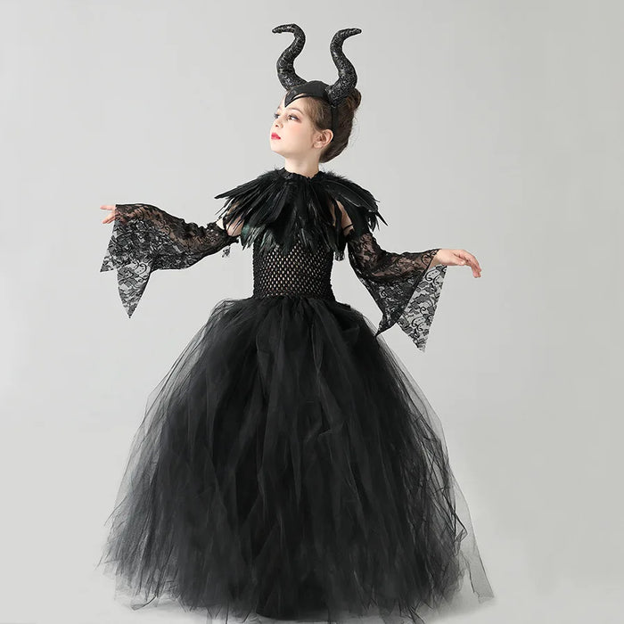 2026 New Halloween Costume Tulle Dress for Girls Cosplay Evil Queen Black Mesh Princess Dress Kids Clothes