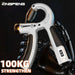 Grey hand grip strengthener with a 100 kg marking