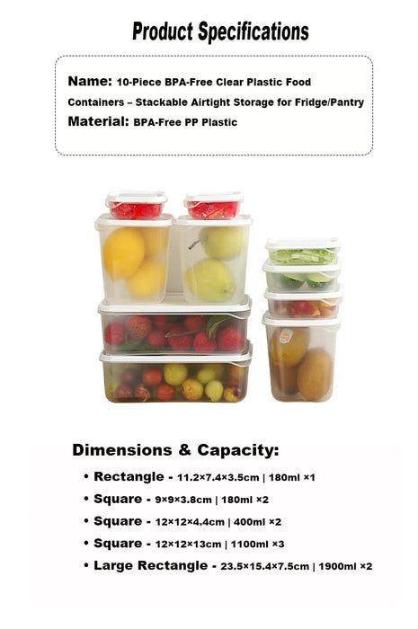 10-Piece BPA-Free Clear Plastic Food Containers – Stackable Airtight Storage for Fridge/Pantry