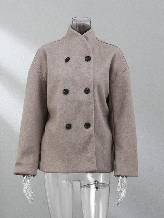 Retro Loose Casual Woolen Coats Double Breasted Stand Collar Short Jacket