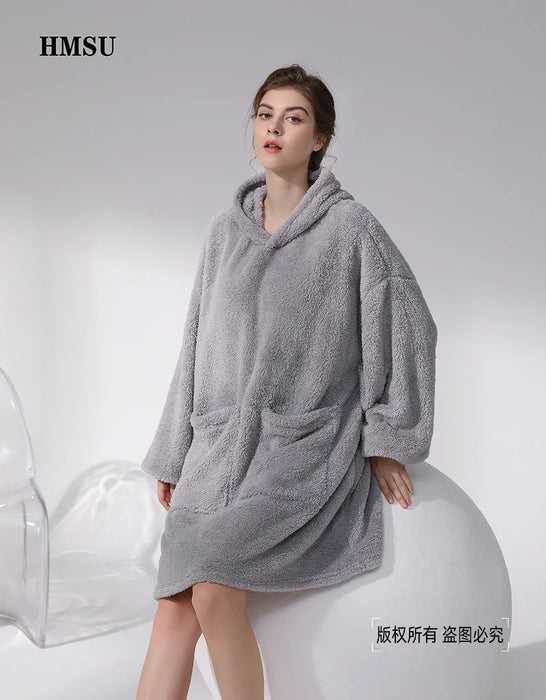HMSU Oversized Hoodie Blanket With Sleeves Sweatshirt Plaid Winter Fleece Hoody Women Pocket Female Hooded Sweat Oversize Femme