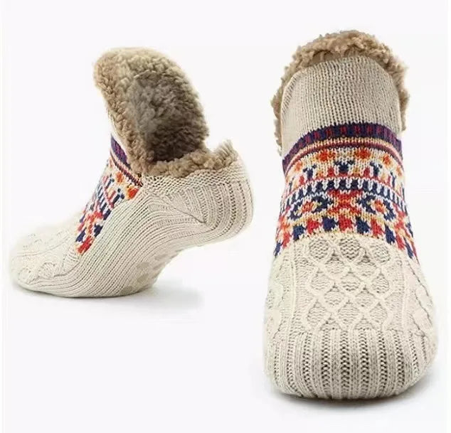 Fleece-lined slipper socks: Beige Fair Isle