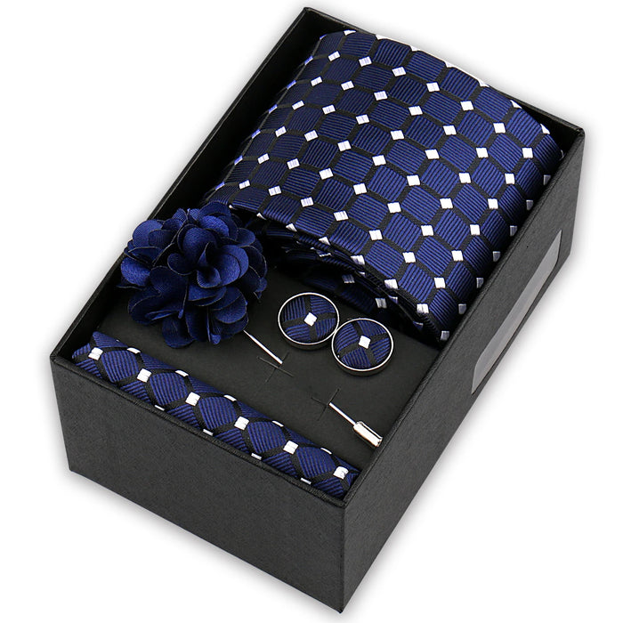 Men's tie gift set, style BBJ-11: tie, pocket square, cufflinks and pins in a gift box