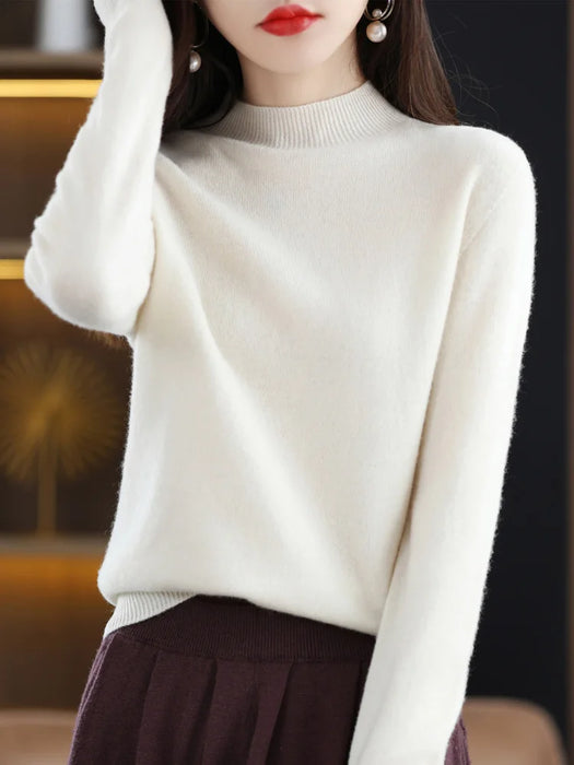 Fashion 100% Wool Sweater Women's Mock-Neck Knitwear Cashmere Pullovers Autumn Winter Long Sleeve Jumpers Clothing Tops