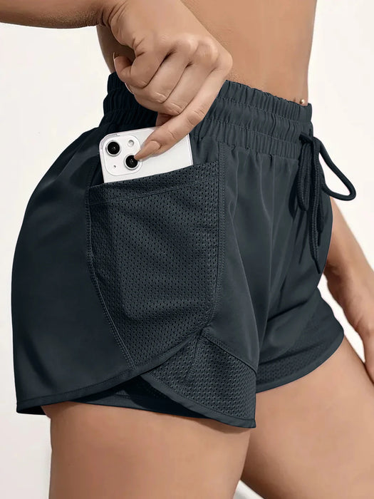Women's 2 in 1 Running Shorts, High Waisted Quick Dry Athletic Workout Shorts with Mesh Pockets, Breathable Liner Gym Yoga Short