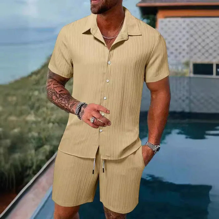 Man in a khaki short sleeve shirt and shorts set