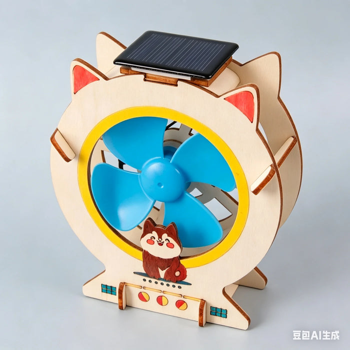 Solar fan model with blue blades and a cat-shaped frame