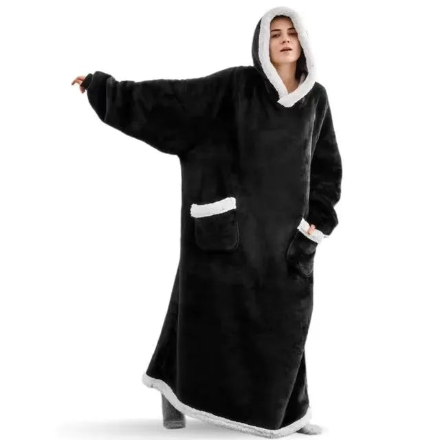Black long fleece blanket hoodie with white lining