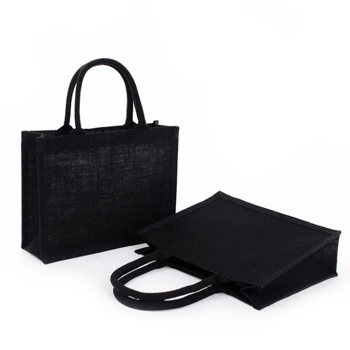 Black Reusable Large Jute Tote Bag Eco Friendly Burlap