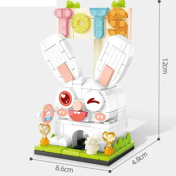 White bunny toy shop building block model, 12 cm tall