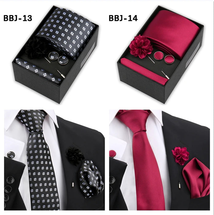 Four men's tie gift sets in assorted patterns with style codes