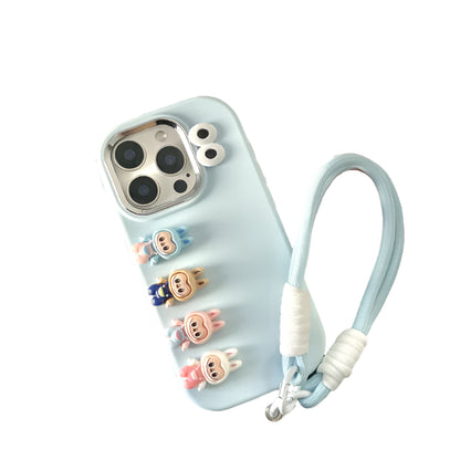 3D labubu Cartoon Phone Case For iPhone 16 15 14 13  Plus Pro Max With Wrist Strap Cute Eyes Soft Cover