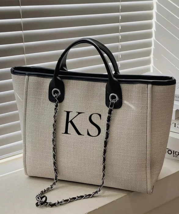 Personalised Chain Monogram Canvas Tote Bag Shoulder Bag