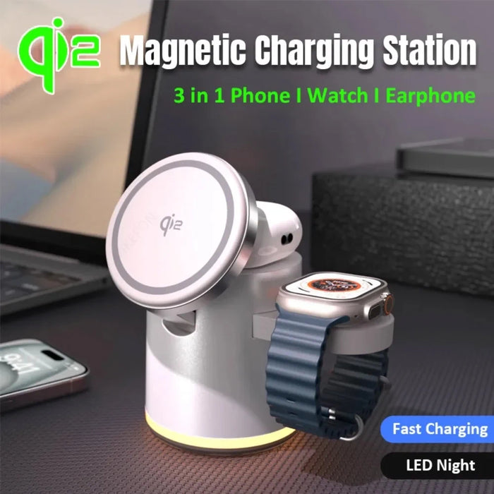 Foldable 4 in 1 Qi2 15W Magnetic Wireless Charger Fast Charging Station for Magsafe iPhone16/15/14/13/12 Apple Watch AirPods Pro