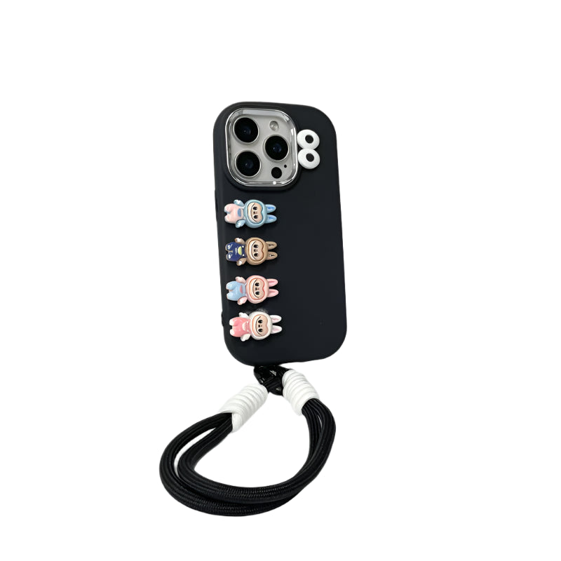 3D labubu Cartoon Phone Case For iPhone 16 15 14 13  Plus Pro Max With Wrist Strap Cute Eyes Soft Cover