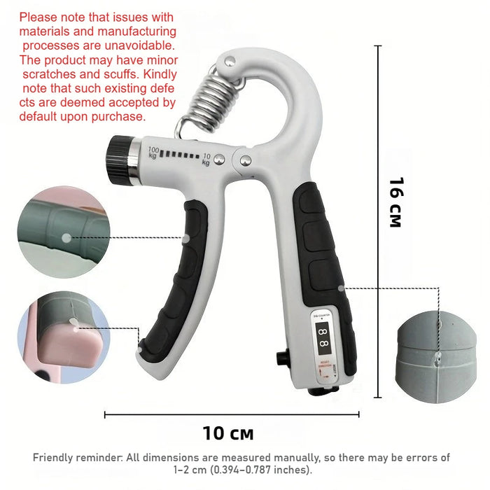 Size diagram: hand gripper about 16 x 10 cm