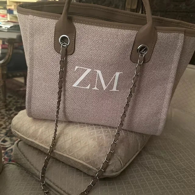 Personalised Chain Monogram Canvas Tote Bag Shoulder Bag