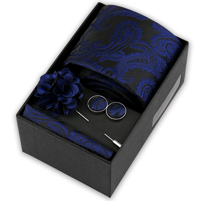 Men's tie gift set, style BBJ-01: tie, pocket square, cufflinks and pins in a gift box