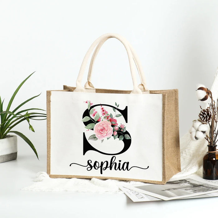 Personalized Name Burlap Tote Shopper Bridesmaid Large Jute Gift Bag Linen