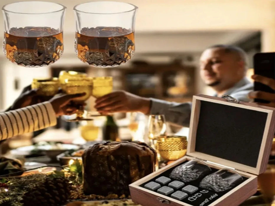 Christmas Valentine's Gift Whiskey Stones Glasses Set Granite Ice Cube For Whisky in Wooden Bottle Box Present For Dad Husband