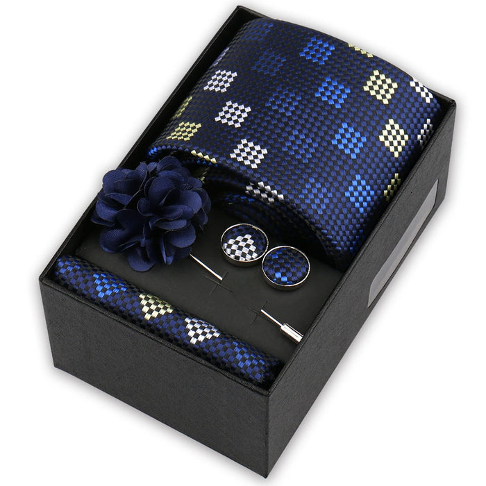 Men's tie gift set, style BBJ-02: tie, pocket square, cufflinks and pins in a gift box