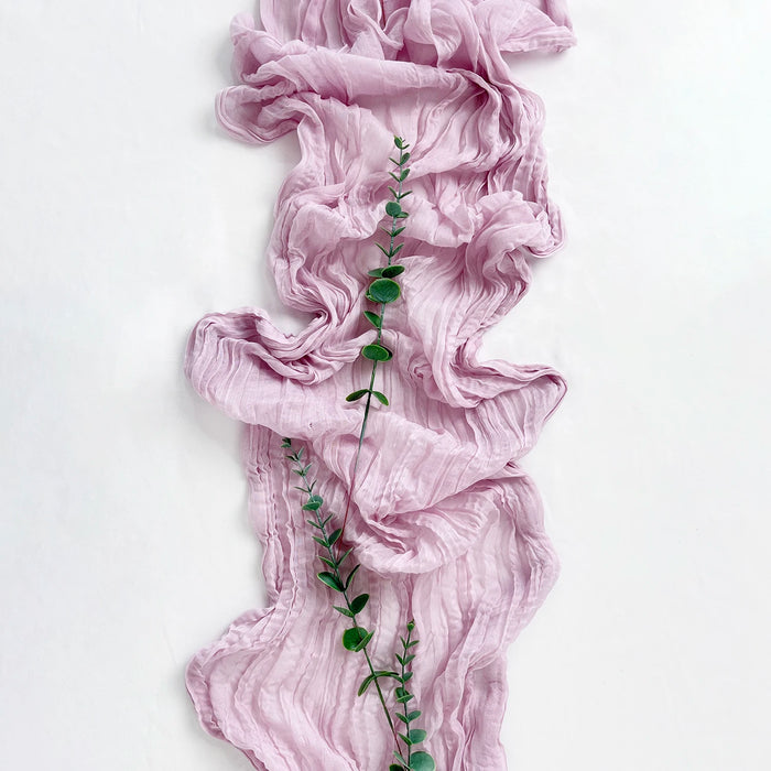 Lilac gauze table runner with eucalyptus