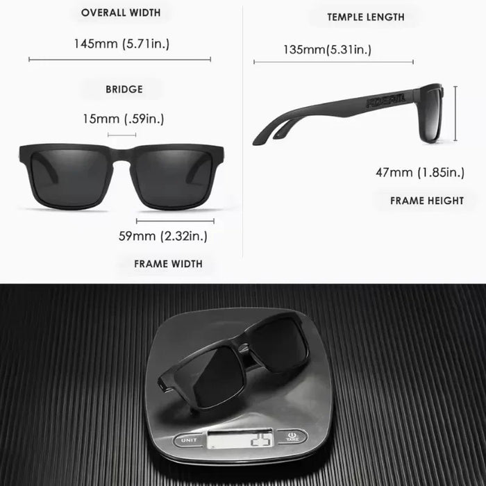 Frame size: 145 mm wide, 59 mm lenses, 15 mm bridge, 135 mm temples, 47 mm tall; 25 g on a scale