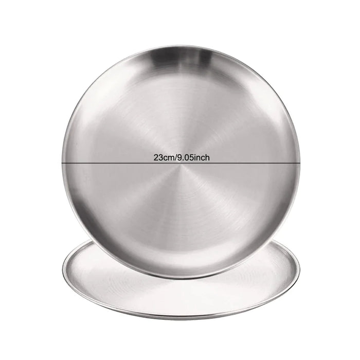 2Pcs Stainless Steels Round Silver Shallow Tray Plate Rust-Proof 14/17/20/23/26/30cm Camping Plate BBQ Picnic Dishes Cookware