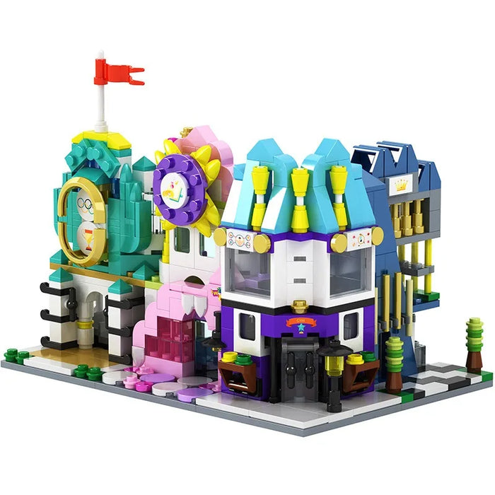 Colourful mini shop building block models with clock and flower fronts