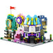 Colourful mini shop building block models with clock and flower fronts