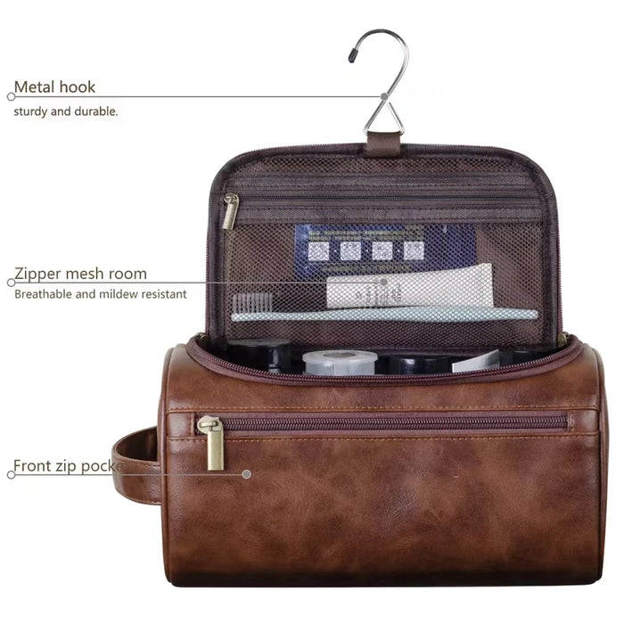 Open toiletry bag with a metal hook, mesh zip pocket and front zip pocket