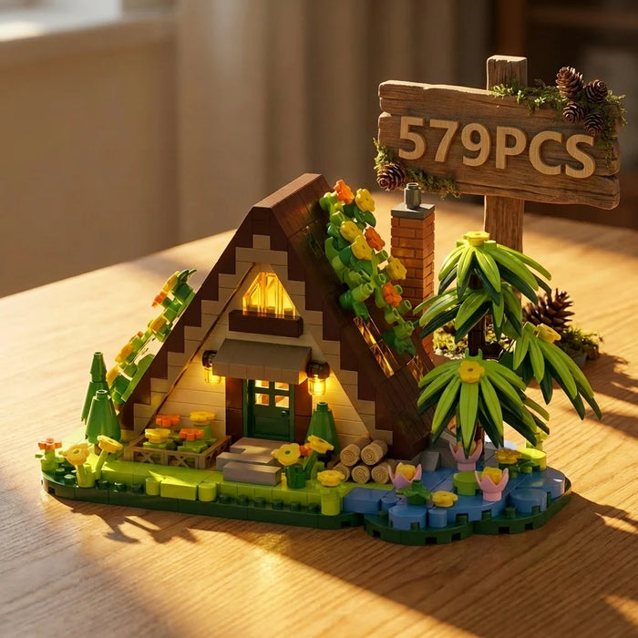 A-frame forest cabin building block set with a 579 pieces sign