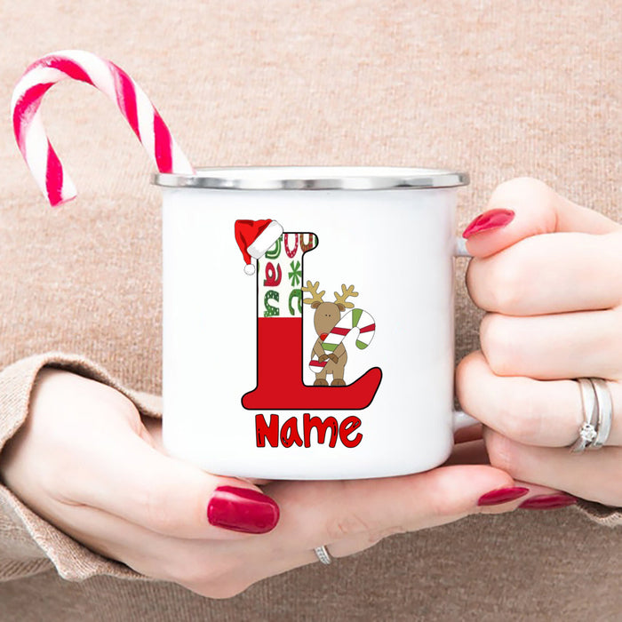 Personlized Reindeer Initial with Name Enamel Cups Christmas Hot Chocolate Mug