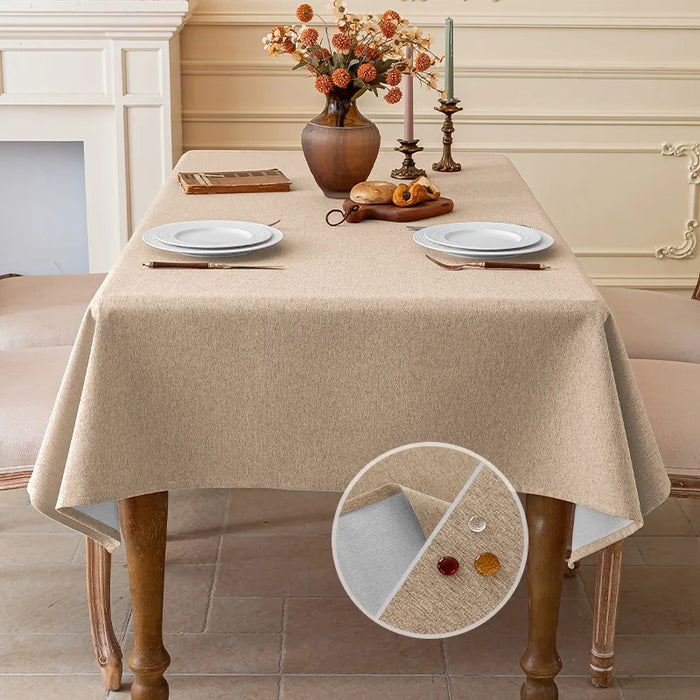 Khaki linen-look tablecloth on a dining table