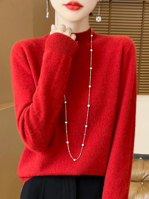 Fashion 100% Wool Sweater Women's Mock-Neck Knitwear Cashmere Pullovers Autumn Winter Long Sleeve Jumpers Clothing Tops