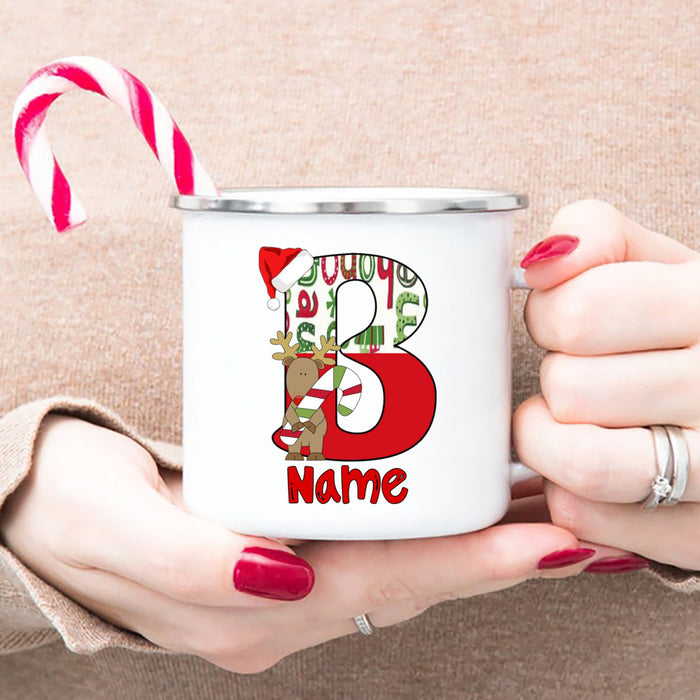 Personlized Reindeer Initial with Name Enamel Cups Christmas Hot Chocolate Mug