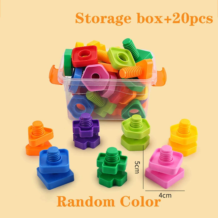 Jumbo nuts and bolts in a clear storage box with pieces in front