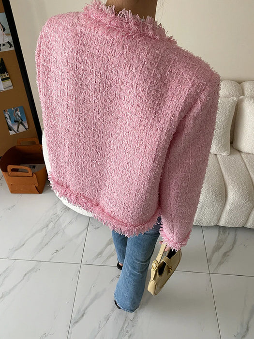 Pink Fringe Fur Shoulder Pad Tweed Jacket Blazer Boucle Crop Coat