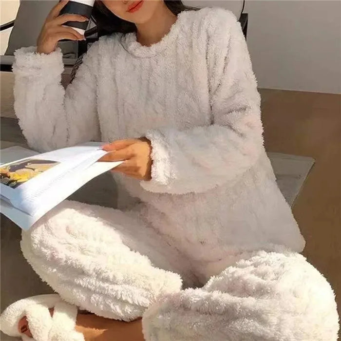 Women Coral Velvet Jacquard Pajama Set Soft Warm Winter Loungewear Comfortable Homewear for Christmas Valentine's Day Gift