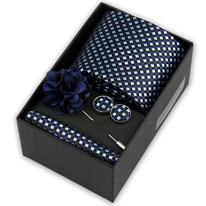 Men's tie gift set, style BBJ-12: tie, pocket square, cufflinks and pins in a gift box