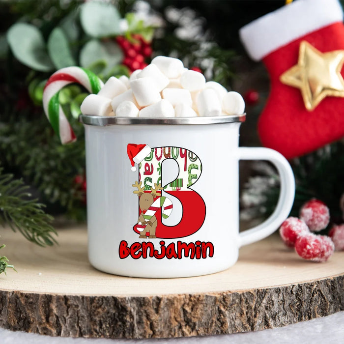 Personlized Reindeer Initial with Name Enamel Cups Christmas Hot Chocolate Mug