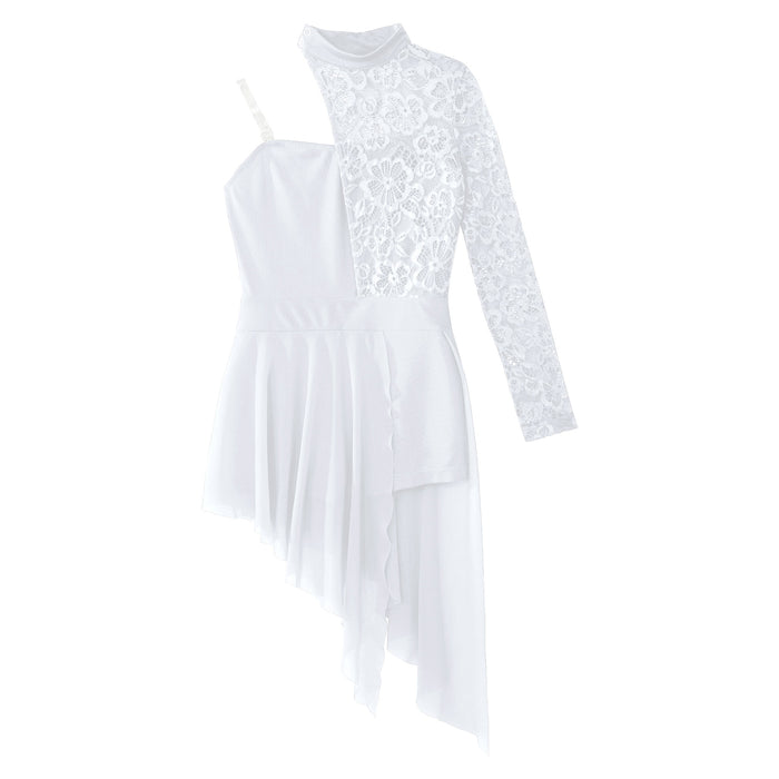 Kids Girl One Shoulder Lyrical Modern Dance Dress Lace Asymmetric Split Ballet Gymnastics Figure Skating Leotard Dress Dancewear