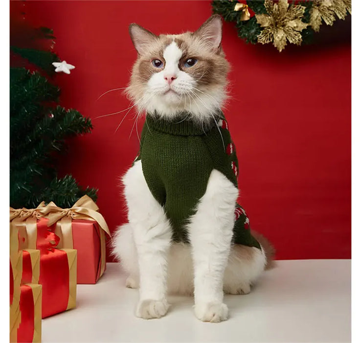Puppy Knit New Year Dog Turtleneck Winter Clothes Pullover Green Sweatshirts Ugly Knitted Christmas Cat Sweater for Small Dogs