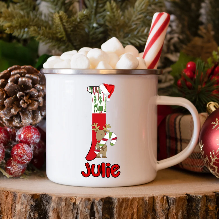 Personlized Reindeer Initial with Name Enamel Cups Christmas Hot Chocolate Mug