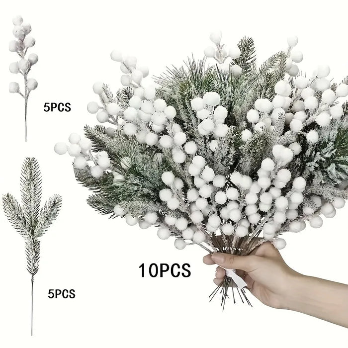 Snow White Artificial Pine Needle Berry Bouquet Christmas Decoration for Xmas Tree Garland Ornament Home Decor New Year DIY Gift