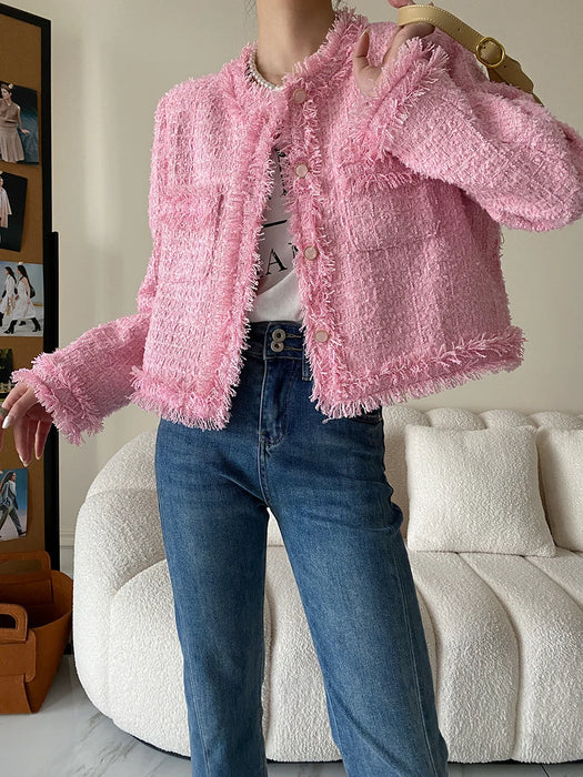 Pink Fringe Fur Shoulder Pad Tweed Jacket Blazer Boucle Crop Coat