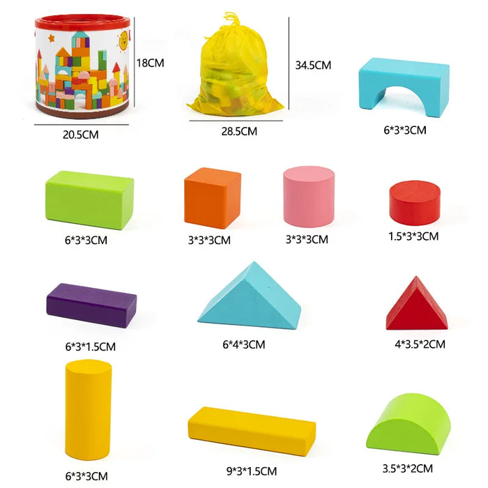 Wooden block barrel and bag sizes with individual block dimensions