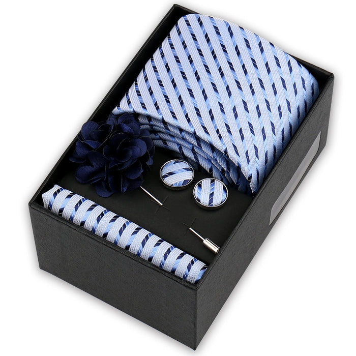 Men's tie gift set, style BBJ-36: tie, pocket square, cufflinks and pins in a gift box