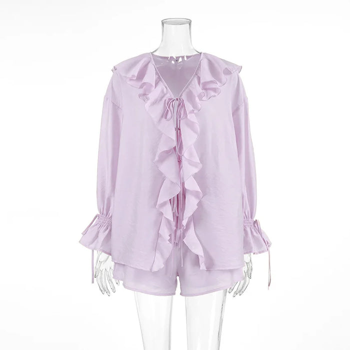 Tuularose New Casual Shorts Two-piece Set Women's Ruffled Loose Tie Top Simple Shorts Set Office Lady Summer Female Shorts Set